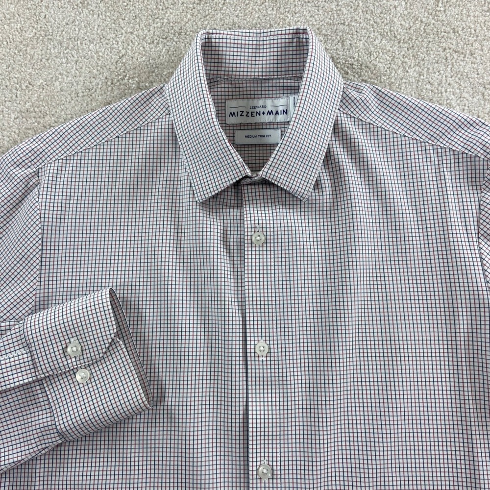 Mizzen+Main Leeward Dress Shirt Mens Medium Trim Fit White Blue Red Check